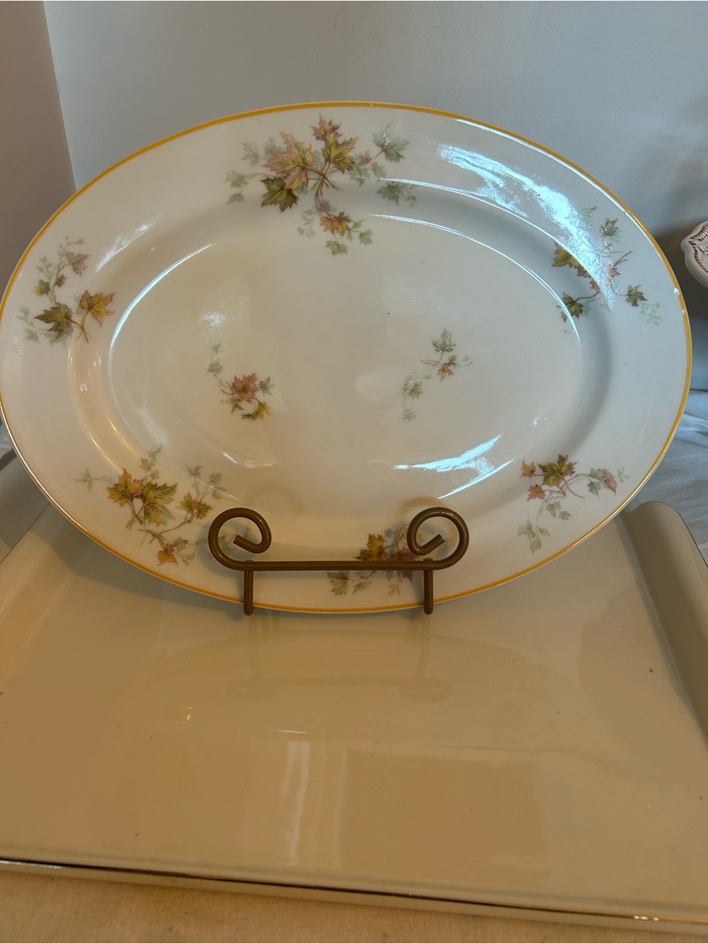 Haviland Serving Platter with Autumn Leaf Pattern - White and Gold